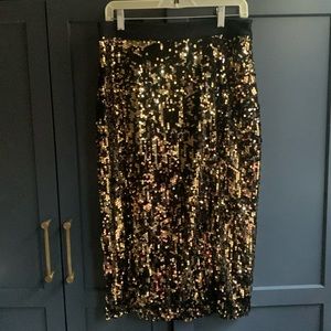 JustFab Black & Gold Sequin Midi Skirt with Slit- Size L